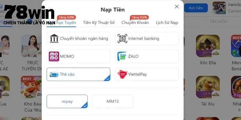 Cách thức nạp tiền 78Win đơn giản theo từng phương thức